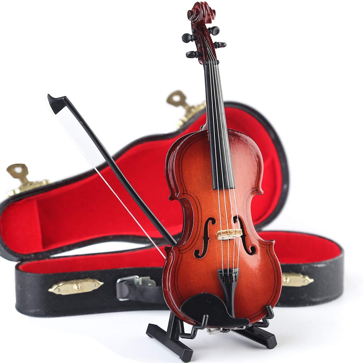 Wooden Miniature Violin with Stand, Bow and Case Mini Musical Instrument Violin Replica Collectible Figurines Dollhouse Accessories Model Home Decoration Display Ornament (3.15"x1.18"x0.59")