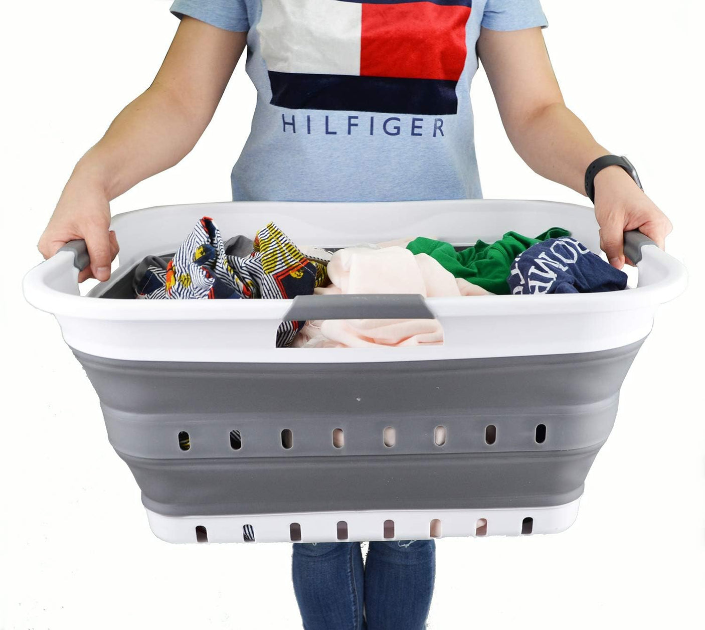 SAMMART 42L (11 gallon) Collapsible Plastic Laundry Basket - Foldable Pop Up Storage Container/Organizer - Space Saving Hamper/Basket (1, White/Grey)