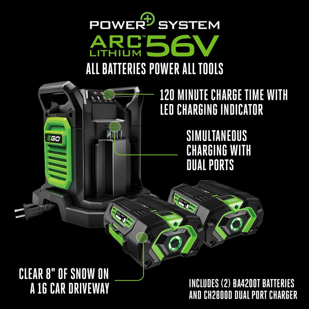 EGO Power+ SNT2112 21-Inch 56-Volt Lithium-Ion Cordless Snow Blower with Steel Auger - (2) 5.0Ah Batteries and Dual Port Charger Included, Black