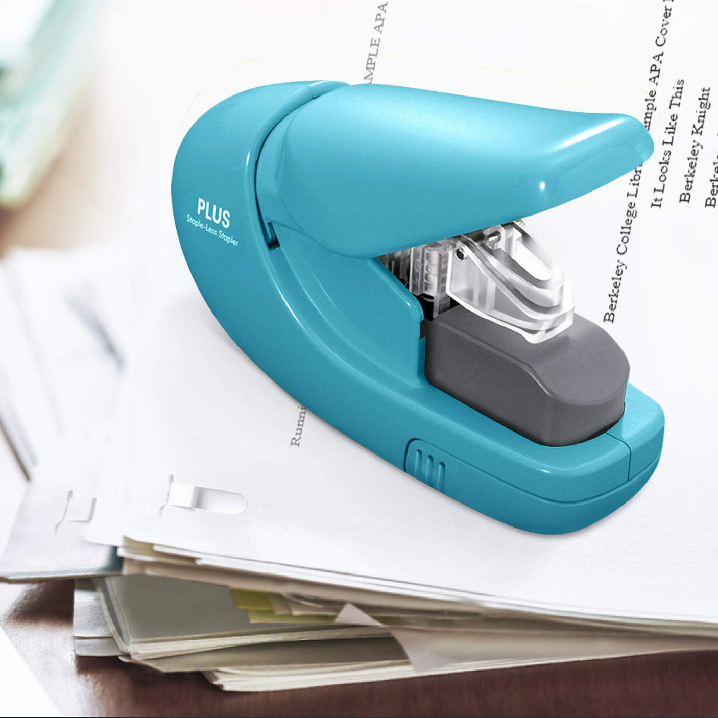 Plus Paper Clinch Compact Staple Free Staple Blue Turquoise