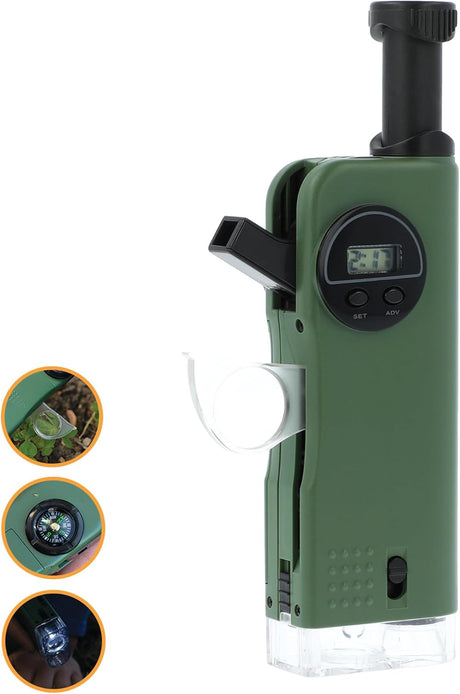 Carson X-Scope Kids 7 Function Multi Purpose Optical Pocket Tool with 30x Microscope, 8x Telescope, 9x Fold-Out Magnifier, Flashlight, Signal Whistle, Directional Compass and Digital Clock (CP-11)
