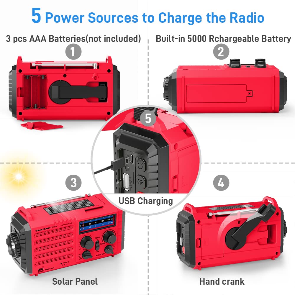 NOAA Weather Radio, Emergency Hand Crank Radio with Solar Charger, Portable Battery Operated AM FM Shortwave Radio with LED Flashlight, USB Charger, Earbud Jack, SOS Alert for Home Survival Hurricane