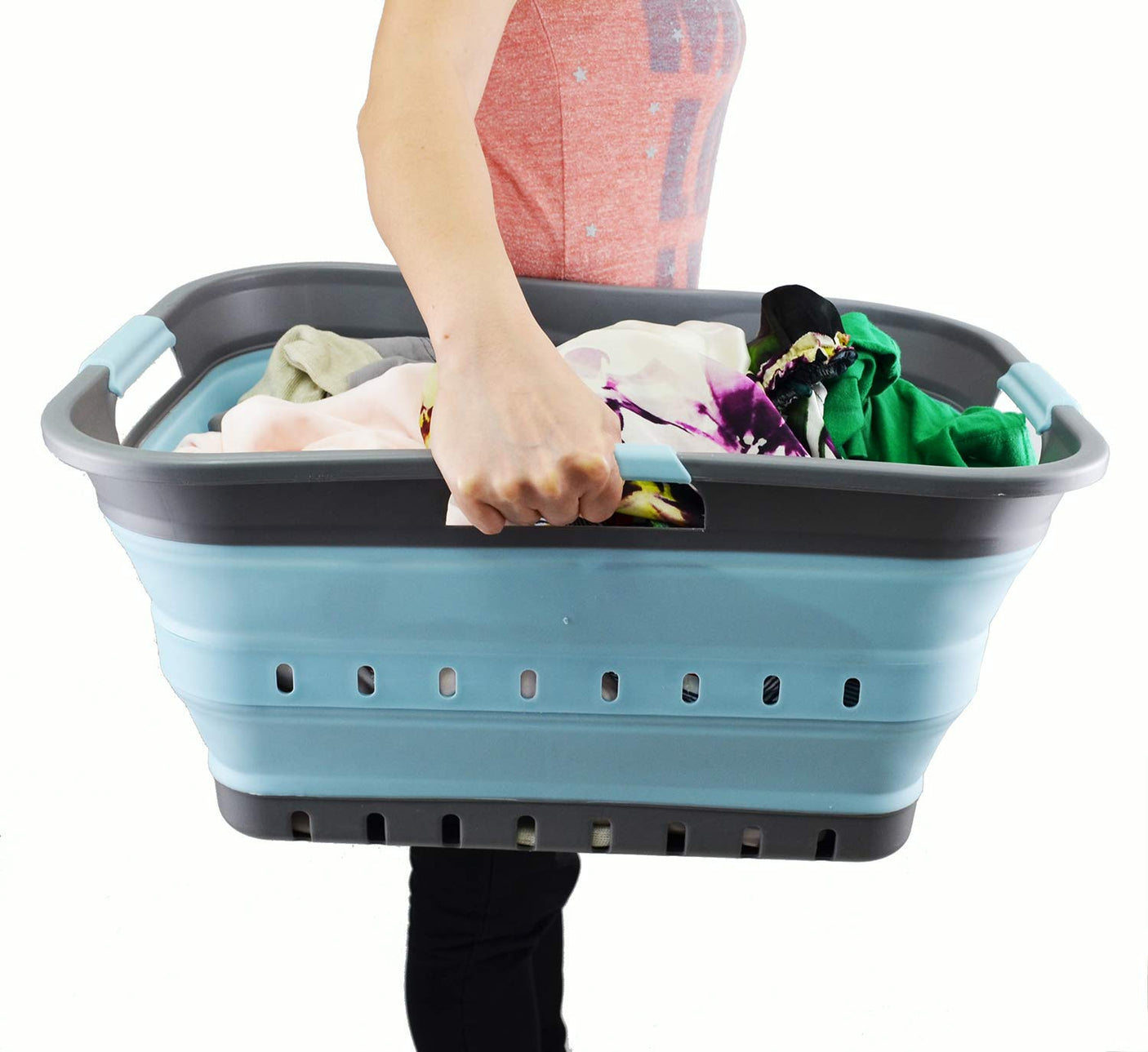 SAMMART 42L (11 gallon) Collapsible Plastic Laundry Basket - Foldable Pop Up Storage Container/Organizer - Space Saving Hamper/Basket (1, White/Grey)