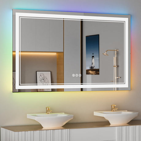 60x30 Inch LED Bathroom Mirror with Lights, Color Changing RGD Backlit and Front Light Mirror,Lighted Vanity Mirrors for Bathroom Wall, Dimmable, Anti-Fog,Shatterproof,Memory