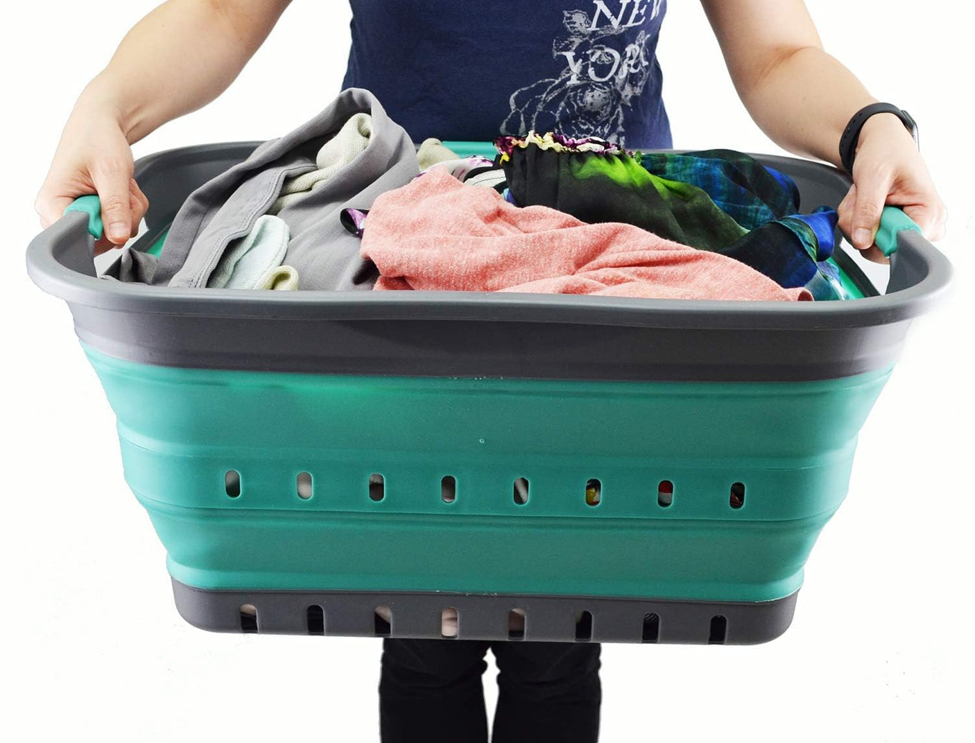 SAMMART 42L (11 gallon) Collapsible Plastic Laundry Basket - Foldable Pop Up Storage Container/Organizer - Space Saving Hamper/Basket (1, White/Grey)
