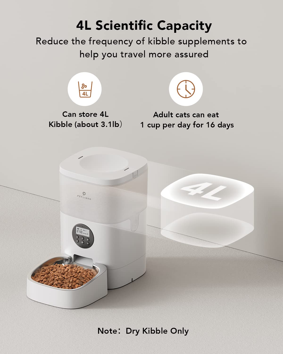 PETLIBRO Automatic Dog Feeder, 6L Dog Food Dispenser with Timer Interactive Voice Recorder, Auto Dog Feeder with Desiccant Bag 1-4 Meals Dry Food, Black Transparent
