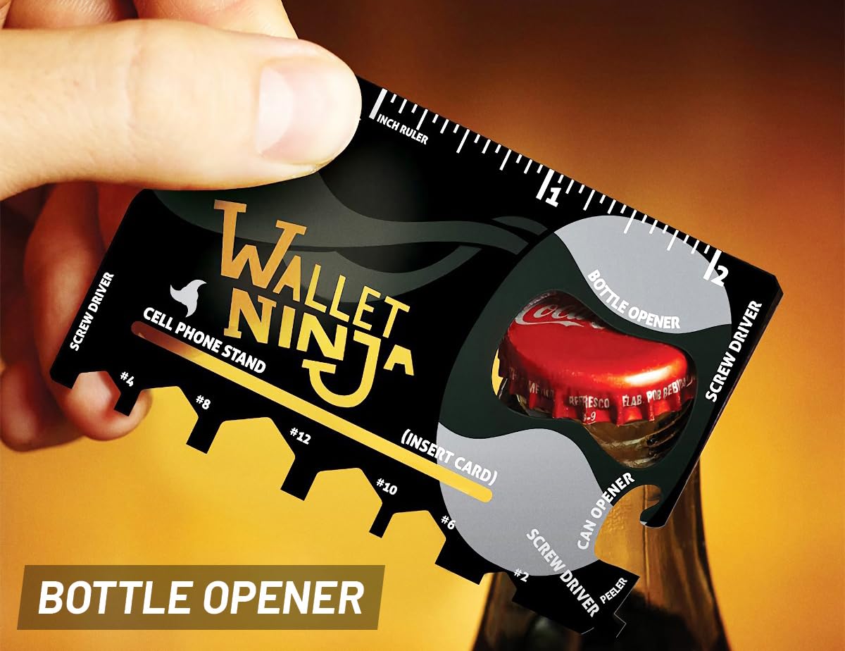 Wallet Ninja Multitool Card – 18 in 1 Credit Card Multi-Tool (Bottle Opener, Can Opener, Screwdrivers, Phone Stand & More) – Black