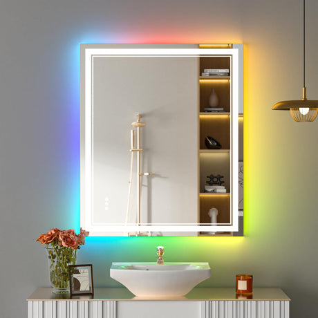 60x30 Inch LED Bathroom Mirror with Lights, Color Changing RGD Backlit and Front Light Mirror,Lighted Vanity Mirrors for Bathroom Wall, Dimmable, Anti-Fog,Shatterproof,Memory
