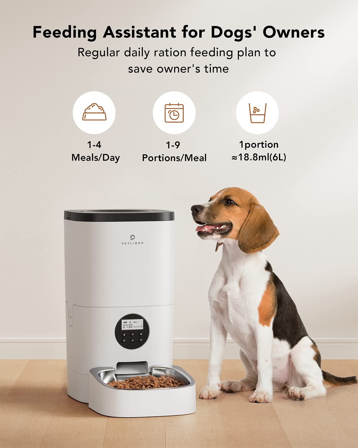PETLIBRO Automatic Dog Feeder, 6L Dog Food Dispenser with Timer Interactive Voice Recorder, Auto Dog Feeder with Desiccant Bag 1-4 Meals Dry Food, Black Transparent