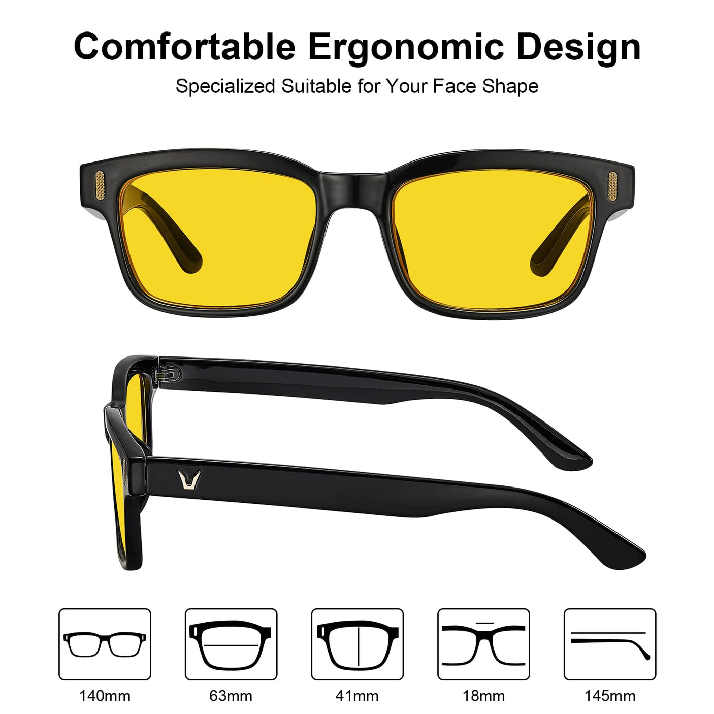 CARFIA Night Vision Glasses Driving for Men Women Anti-glare,Safety HD Yellow Lens Fishing Golf Narrow Face Glasses