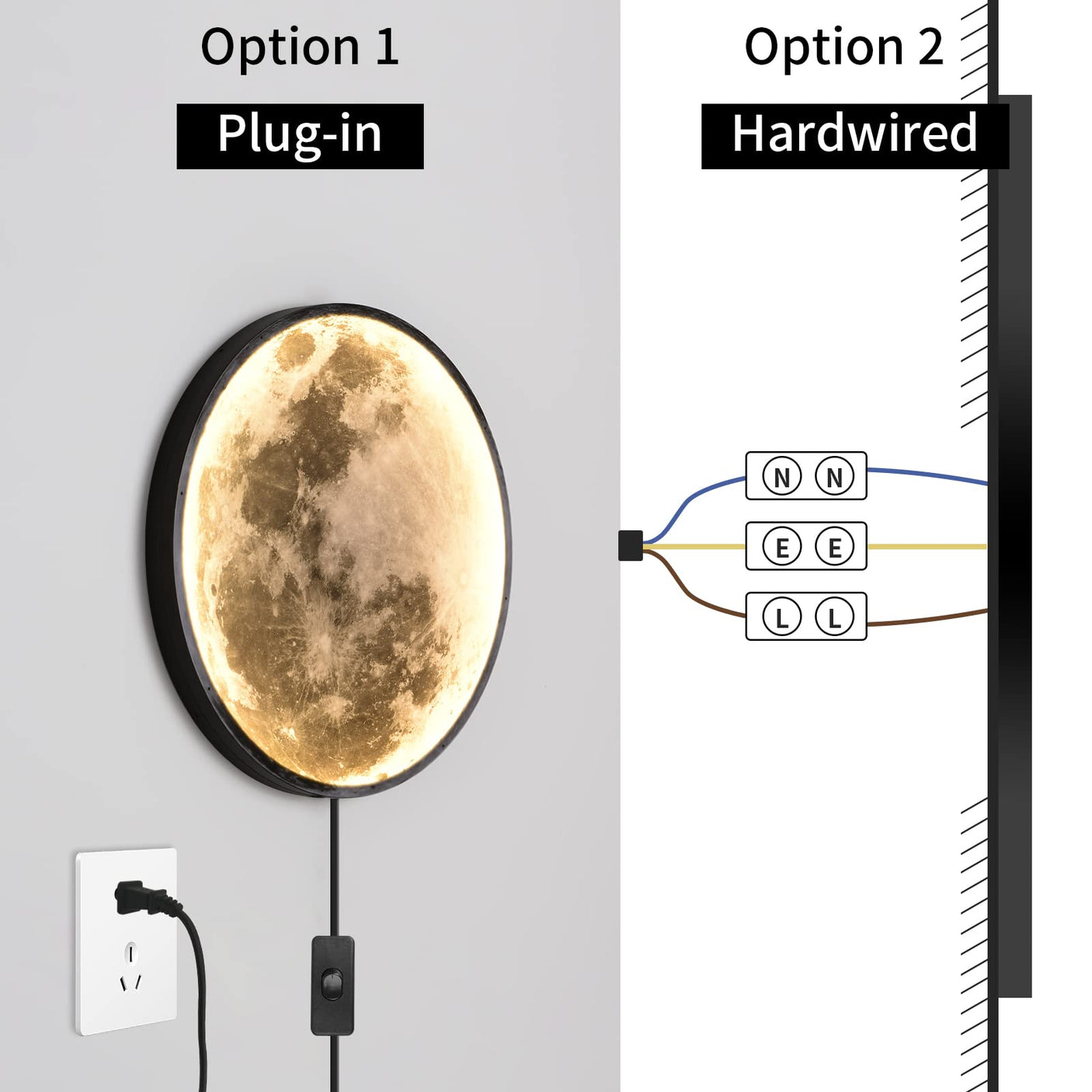 QIYIMEILUX Dimmable Moon Wall Sconce Plug in Modern LED Wall Light with Remote Control 19.7 inch 24W Black Wall Lamp Indoor Wall Mounted Lighting Ceiling Light for Living Room Bedroom（Moon）
