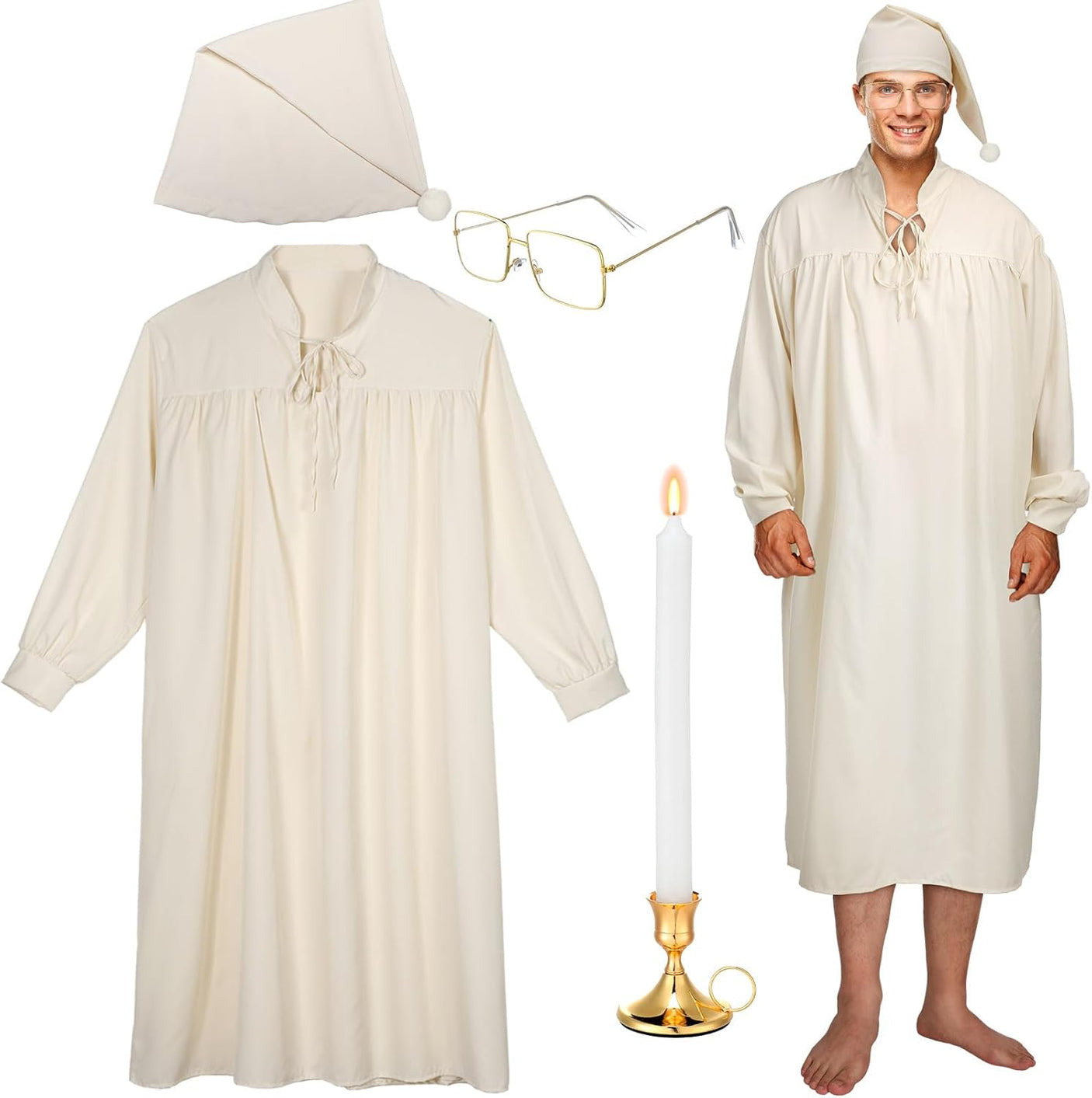 Cuffbow 5 Pcs Funny Pajama Set for Men Halloween Costume Include Men's Nightgown Sleeping Cap Glasses Candle Holder with Candle