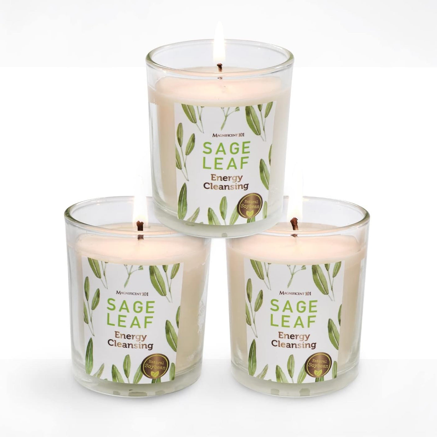 Magnificent 101 Set of 3 Long Lasting Pure Sage Smudge Candles - 42 Hour Burn, 3.5 Oz Each, Made with Soy Wax and Herb, Ideal for House Energy Cleansing, Meditation & Manifestation