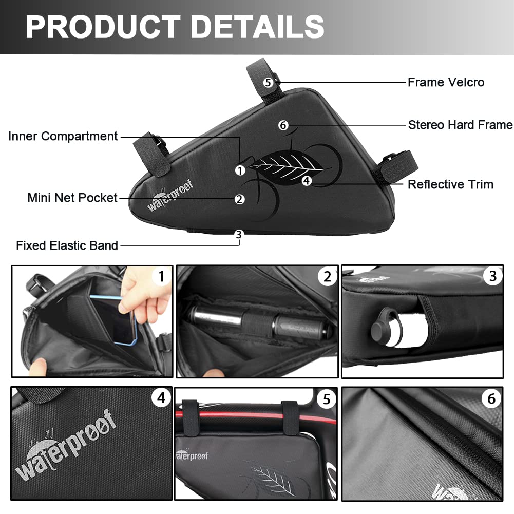 NDakter Bike Bicycle Frame Storage Bag, 2L Waterproof Bicycles Triangle Pouch, Cycling Pack for Phone, Wallet, Keys, Tools, Accessories, Bikes Front Tube Bag for Mountain Road Bike, MTB