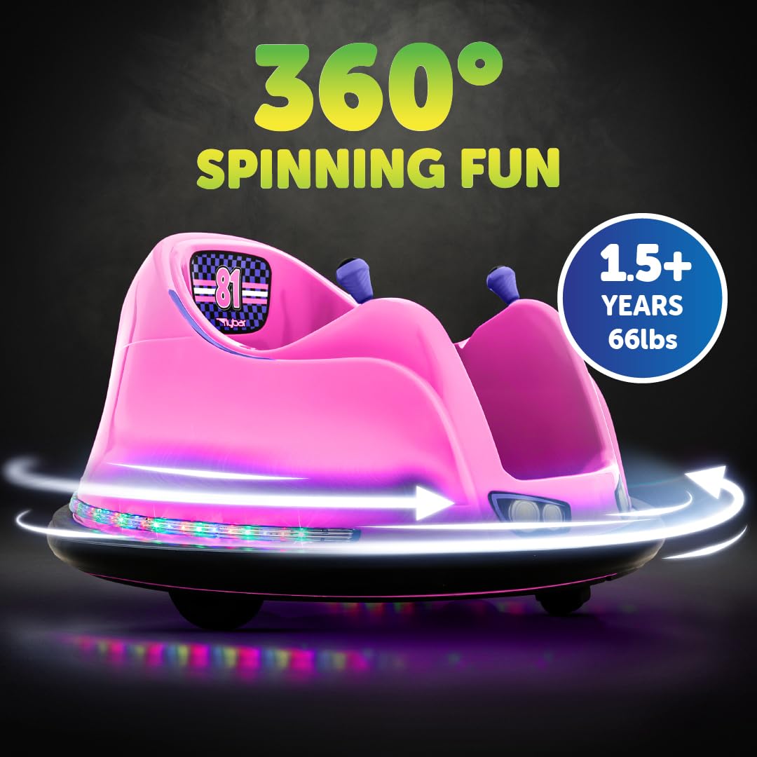 Flybar 6V Blue Glow Bumper Car for Kids – LED Ride-On Toy with 360° Spin, Rechargeable Battery, and Soft Rubber Bumpers – Safe Indoor Fun for Toddlers Ages 1.5+, Up to 66 lbs