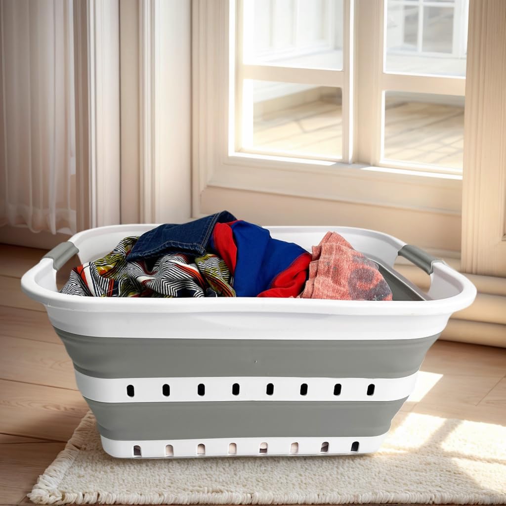 SAMMART 42L (11 gallon) Collapsible Plastic Laundry Basket - Foldable Pop Up Storage Container/Organizer - Space Saving Hamper/Basket (1, White/Grey)