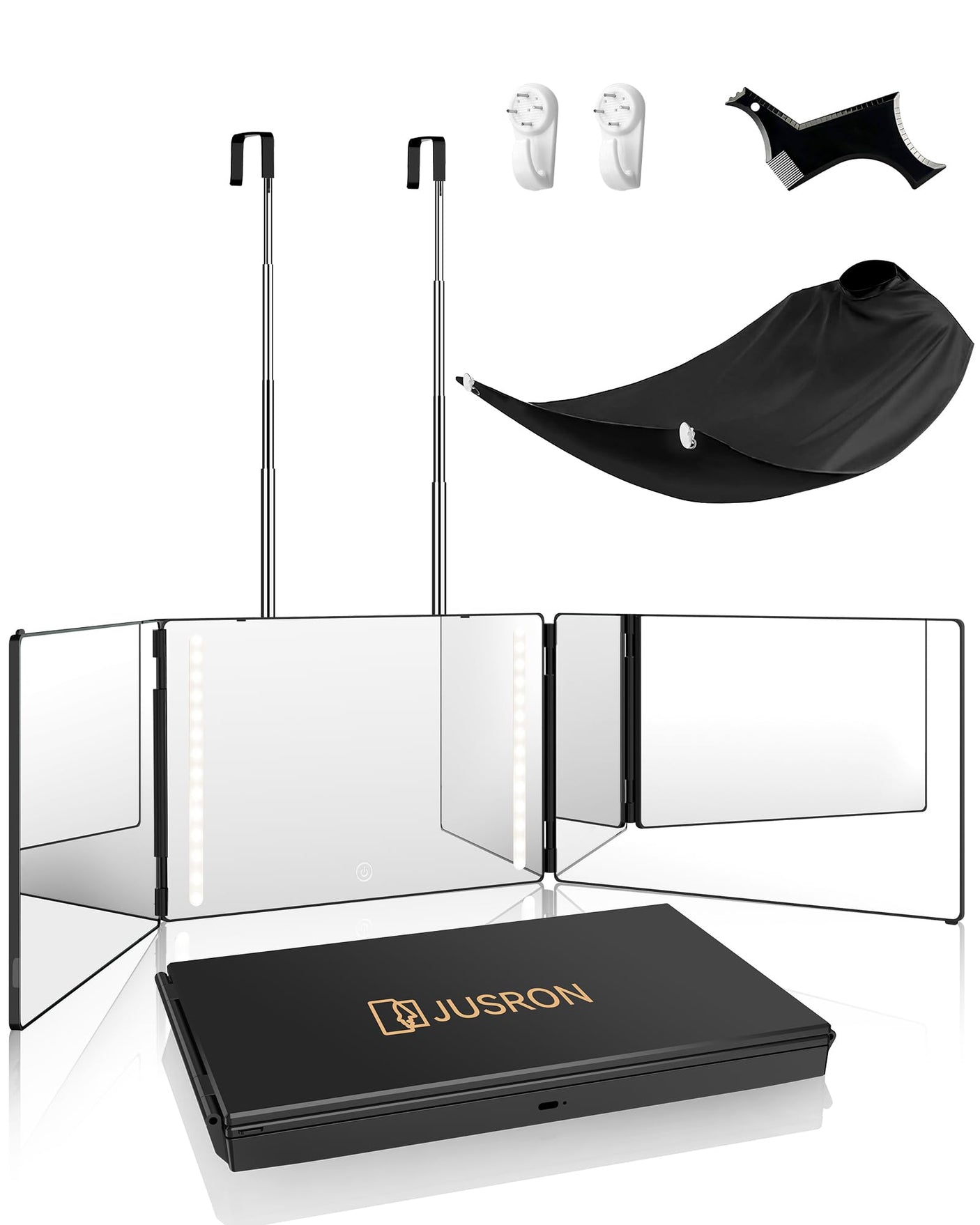 JUSRON 360 Viewing Angle Self Hair Cutting Mirror, Clear Anti-Fog HD Glass (Black Without LED Without Accessories)