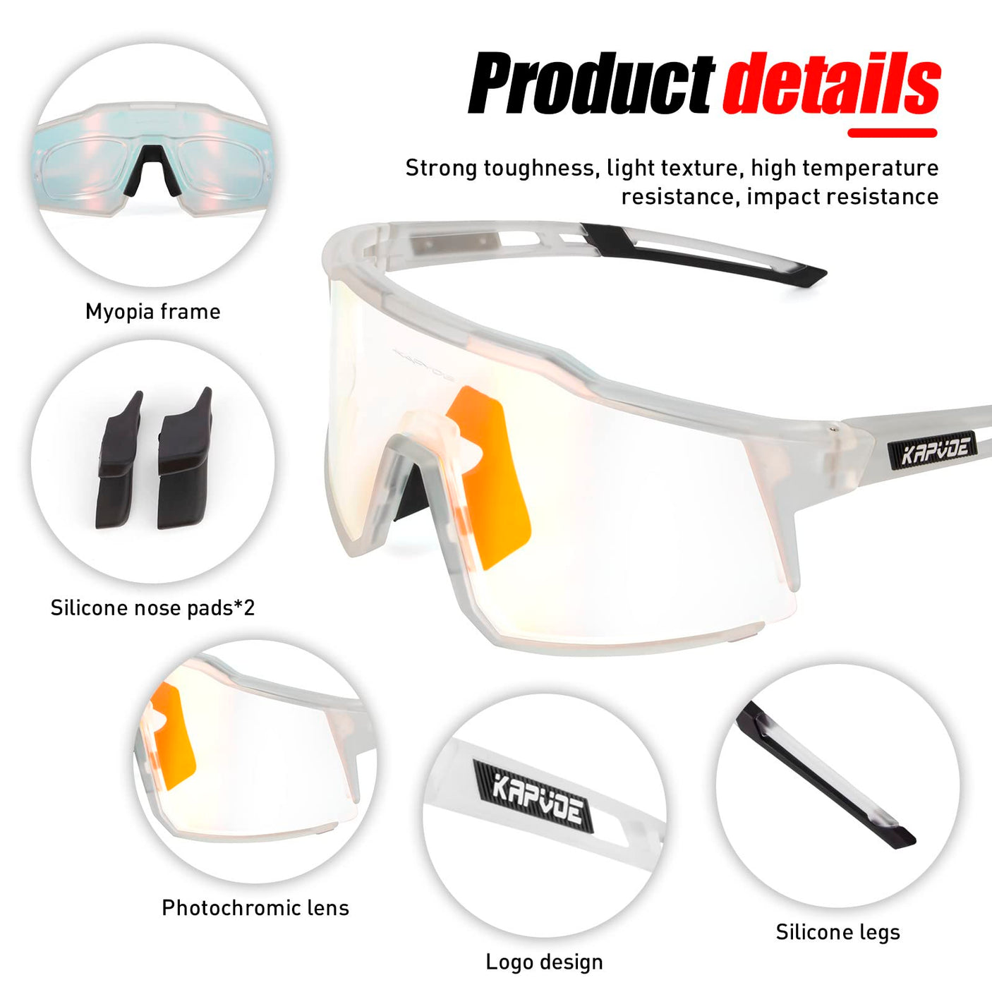 KAPVOE Photochromic Cycling Glasses MTB Clear Mountain Bike Transition Bicycle Sunglasses for Men Women - K9022