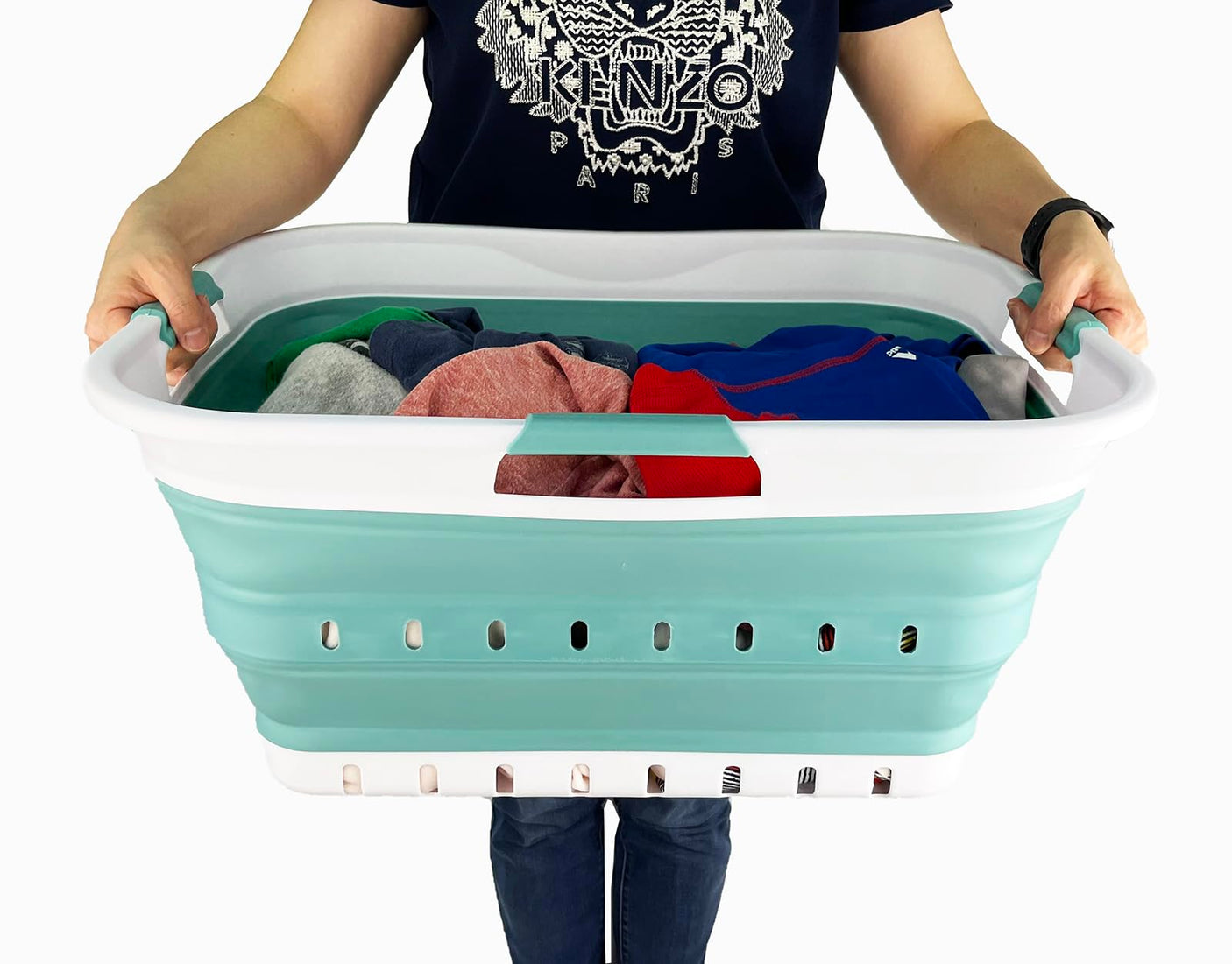SAMMART 42L (11 gallon) Collapsible Plastic Laundry Basket - Foldable Pop Up Storage Container/Organizer - Space Saving Hamper/Basket (1, White/Grey)