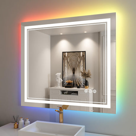 60x30 Inch LED Bathroom Mirror with Lights, Color Changing RGD Backlit and Front Light Mirror,Lighted Vanity Mirrors for Bathroom Wall, Dimmable, Anti-Fog,Shatterproof,Memory