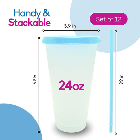 Color Changing Cups with Lids and Straws 12pcs, 24Oz - Reusable Cups with Lids in 12 Multicolors - Perfect for Cold Coffee, Smoothie etc.