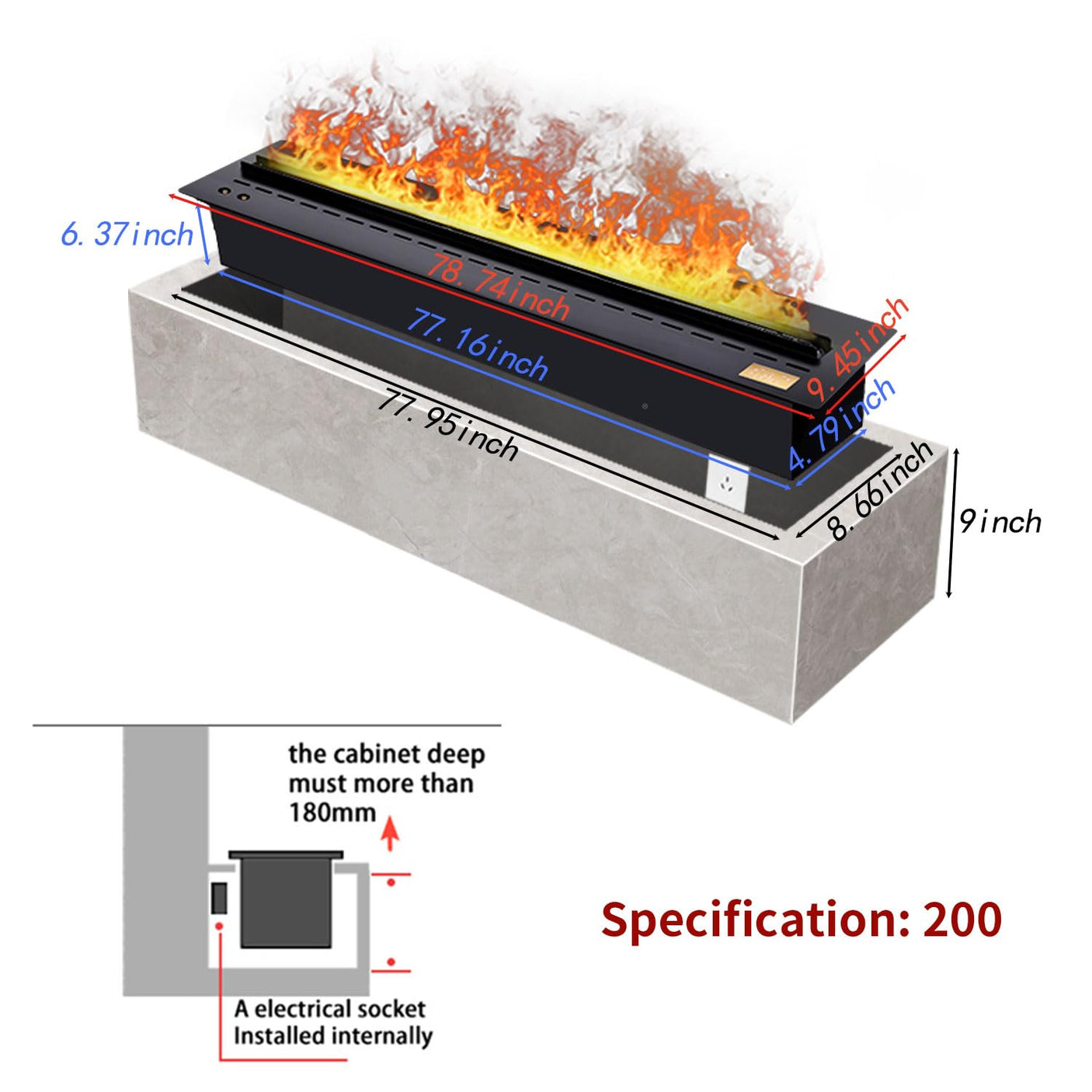 36 inch Water Vapor Fireplace 3D Atomizing Fireplace Recessed Electric Fireplace Remote Control with Timer Touch Simulation Flame Touch Flame Multiple Colors and Flame Adjustment