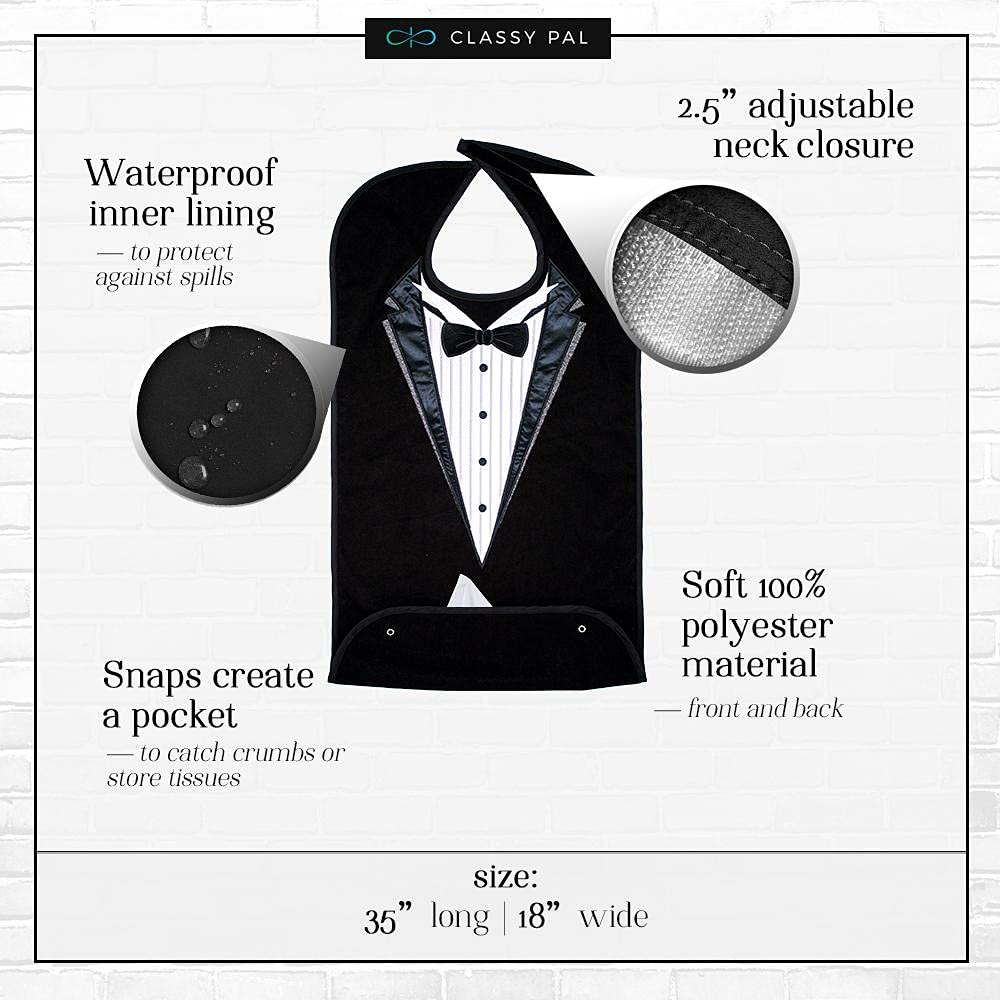 Adult Bibs for Men, Dress ‘n Dine™ Clothing Protectors for Eating, Senior Adult Bib Terry Cloth Crumb Catcher, Embroidered Design, Waterproof, Reusable, Washable (Blue Tie + Tuxedo)