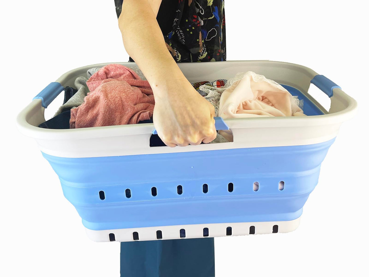 SAMMART 42L (11 gallon) Collapsible Plastic Laundry Basket - Foldable Pop Up Storage Container/Organizer - Space Saving Hamper/Basket (1, White/Grey)