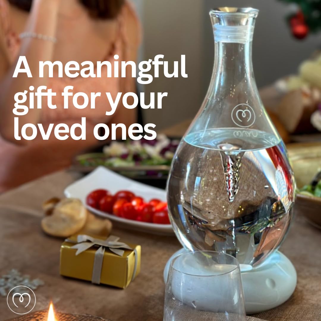 MAYU Swirl Carafe | Hand-Blown Glass – Enhances Oxygenation & Taste, Creates Structured Water w/Natural Swirl, BPA-Free Lid, Ideal as Bedside Carafe & Filter Pitcher Alternative | 51 oz (Earth Base)
