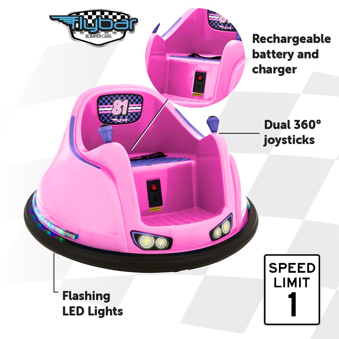 Flybar 6V Blue Glow Bumper Car for Kids – LED Ride-On Toy with 360° Spin, Rechargeable Battery, and Soft Rubber Bumpers – Safe Indoor Fun for Toddlers Ages 1.5+, Up to 66 lbs