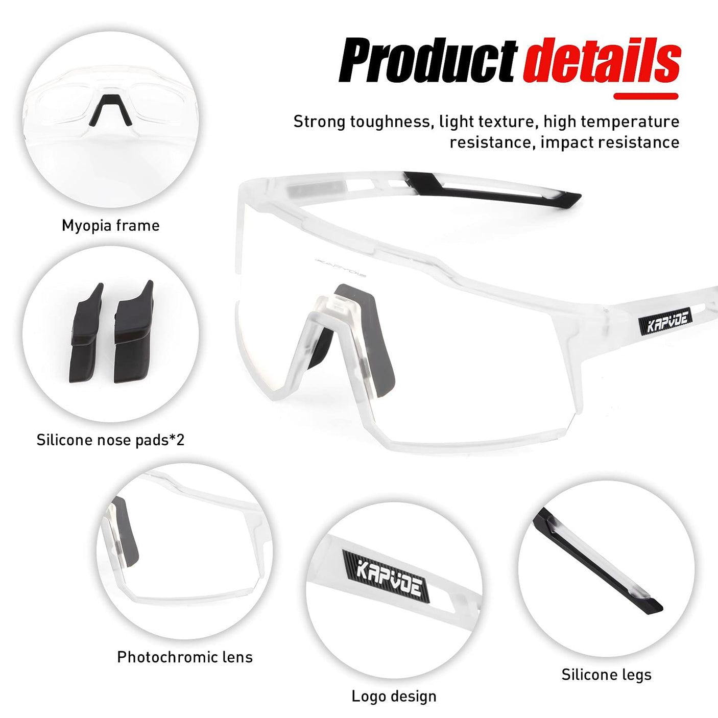 KAPVOE Photochromic Cycling Glasses MTB Clear Mountain Bike Transition Bicycle Sunglasses for Men Women - K9022