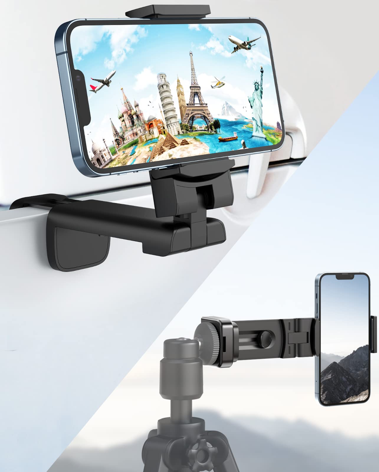 MiiKARE Airplane Travel Essentials Phone Holder, Universal Handsfree Phone Mount for Flying with 360 Degree Rotation, Accessory for Airplane, Travel Must Haves Phone Stand for Desk, Tray Table