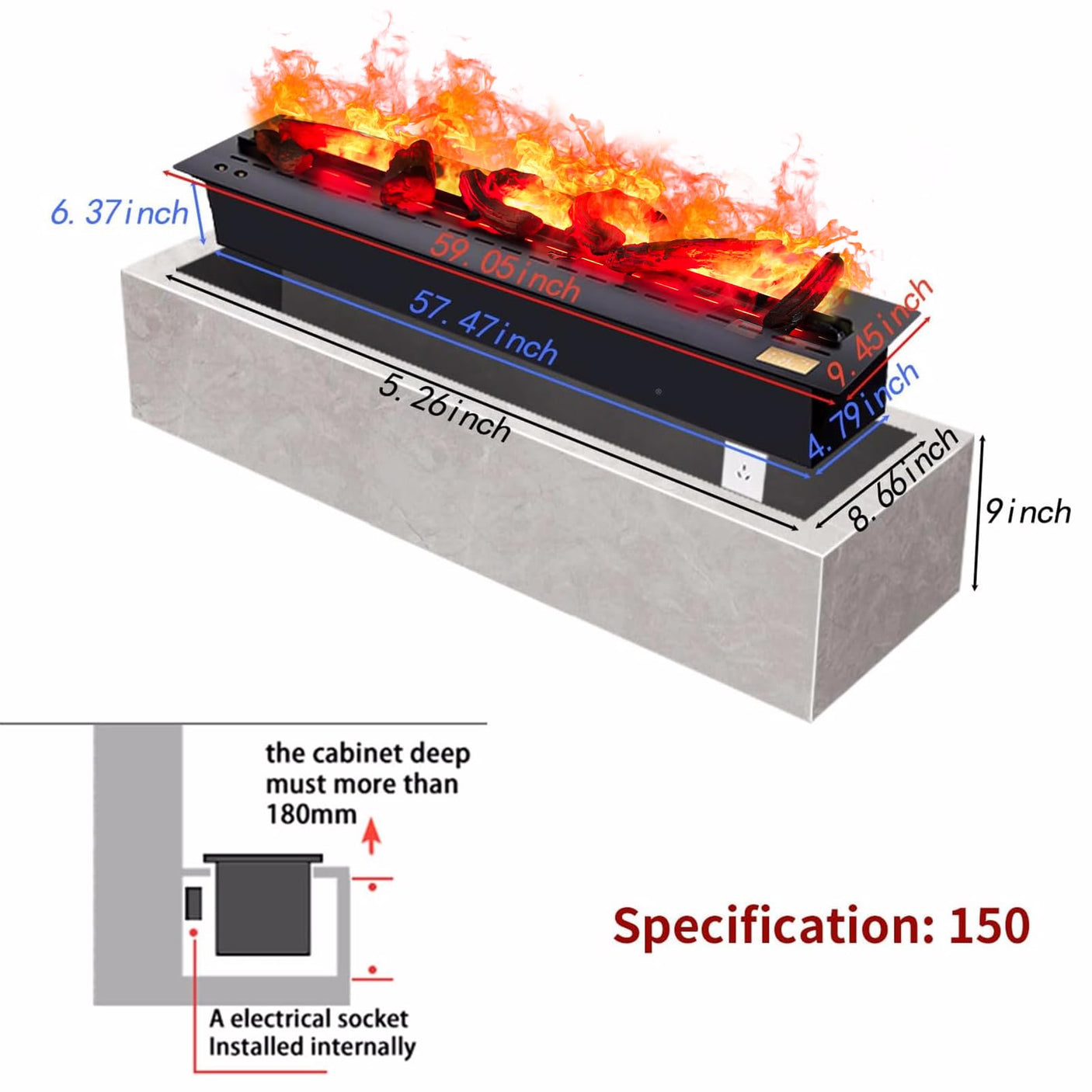 36 inch Water Vapor Fireplace 3D Atomizing Fireplace Recessed Electric Fireplace Remote Control with Timer Touch Simulation Flame Touch Flame Multiple Colors and Flame Adjustment