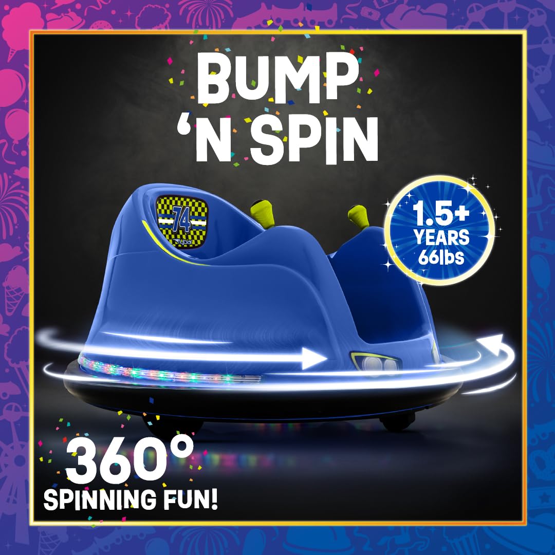 Flybar 6V Blue Glow Bumper Car for Kids – LED Ride-On Toy with 360° Spin, Rechargeable Battery, and Soft Rubber Bumpers – Safe Indoor Fun for Toddlers Ages 1.5+, Up to 66 lbs