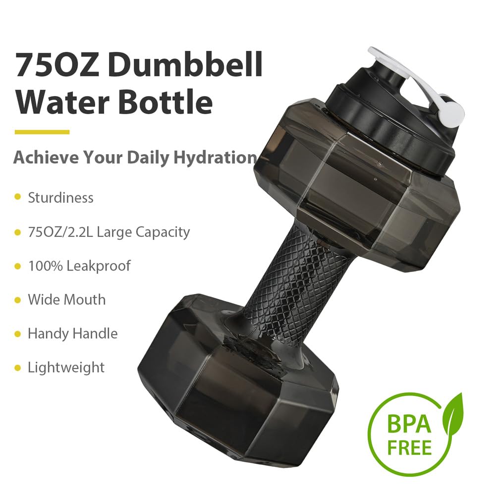 2.2L / 75Oz Dumbbell Shape Water Bottle, PETG Eco-friendly Sports Fitness Exercise Water Jug for Gym, Yoga, Running, Outdoors, Cycling, and Camping