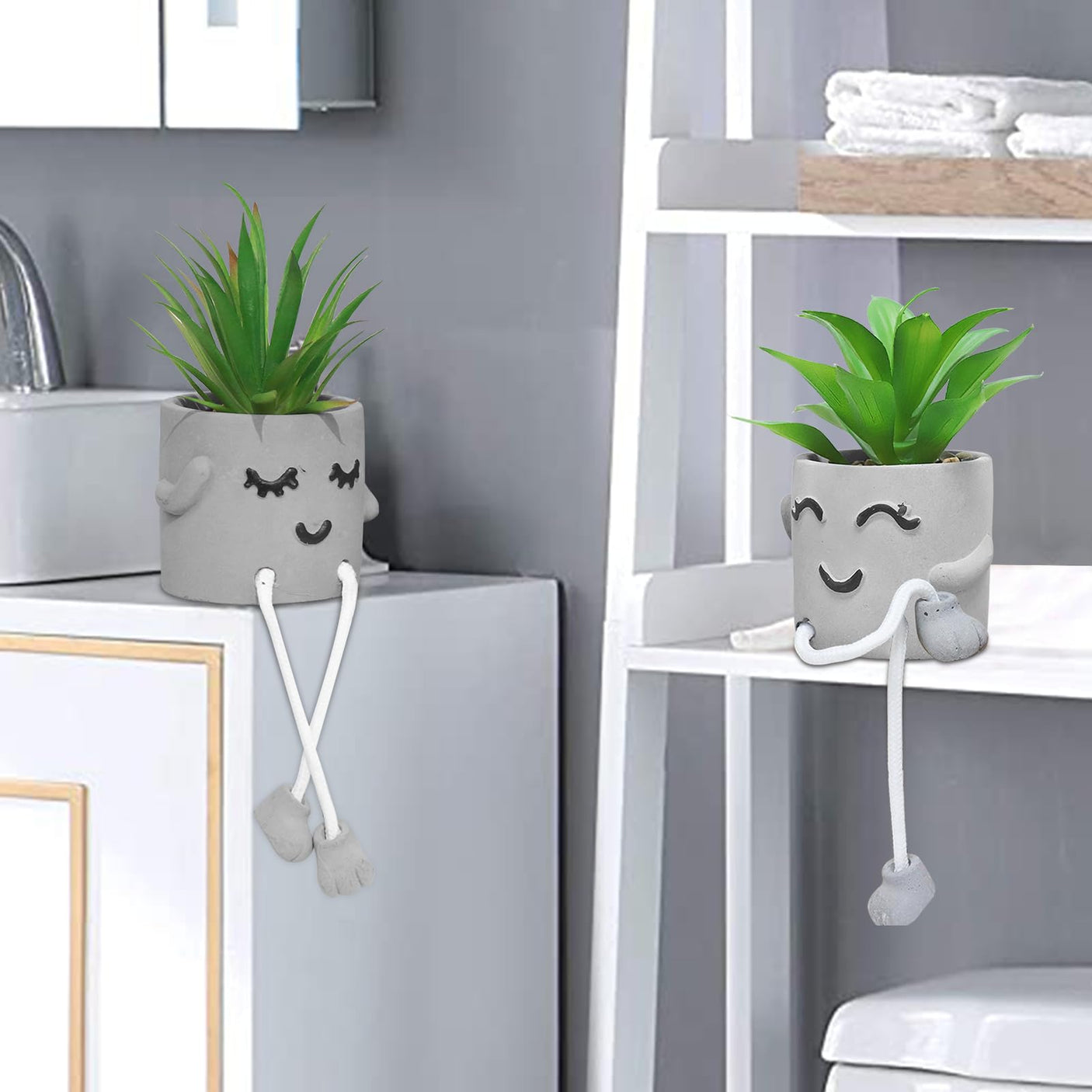 Zerzsy 3pcs Creative Artificial Succulents with Gray Flower Pots, Mini Potted Succulents for Home Office Desk Decor and Gift Choice