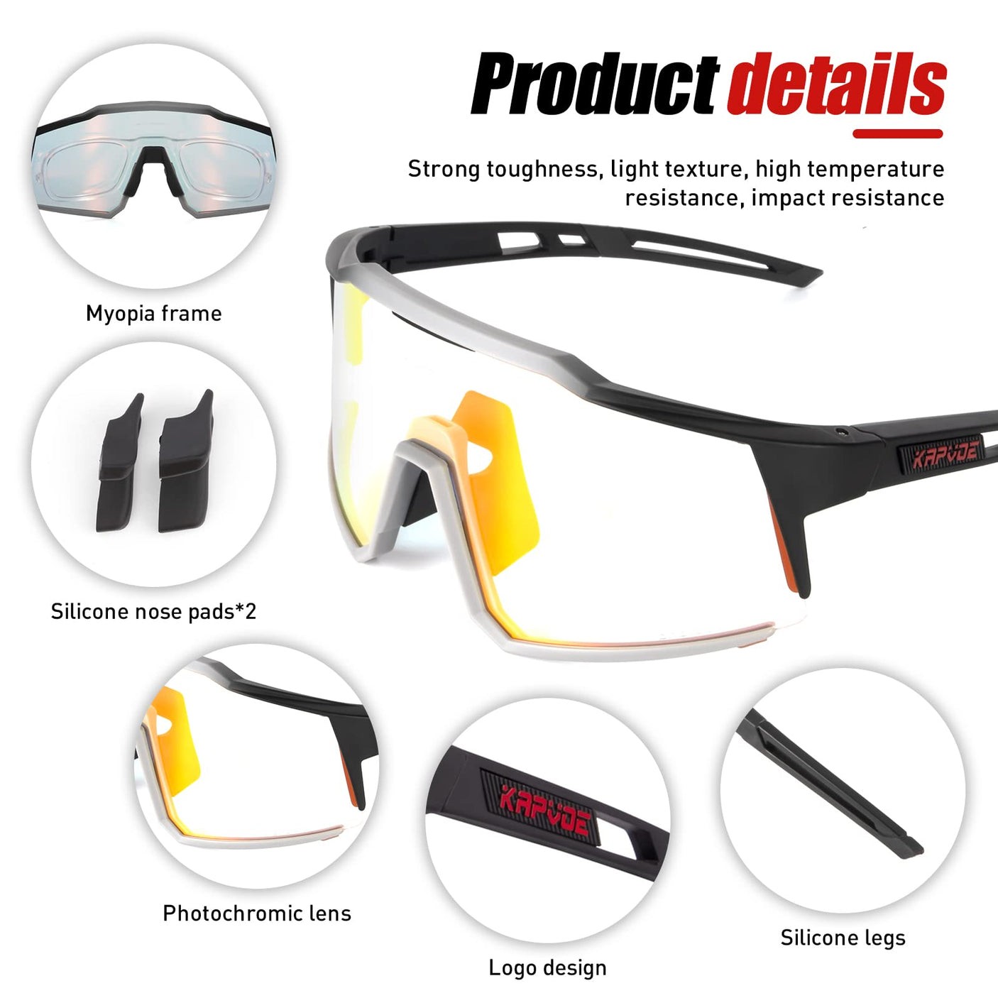 KAPVOE Photochromic Cycling Glasses MTB Clear Mountain Bike Transition Bicycle Sunglasses for Men Women - K9022