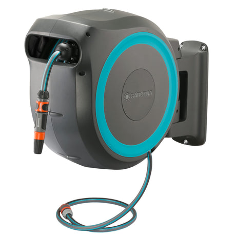 GARDENA 20505, 100' Retractable Garden Hose Reel with US Hose Threads - 100' x 1/2" hose, Automatic Retraction & Length Lock for Easy Watering. Heavy Duty Swivel Bracket 180°, Includes Nozzle.