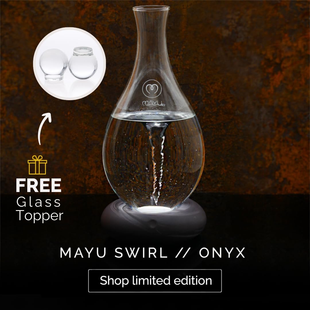 MAYU Swirl Carafe | Hand-Blown Glass – Enhances Oxygenation & Taste, Creates Structured Water w/Natural Swirl, BPA-Free Lid, Ideal as Bedside Carafe & Filter Pitcher Alternative | 51 oz (Earth Base)