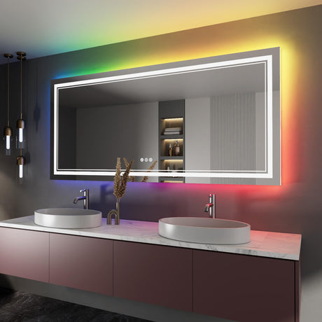 60x30 Inch LED Bathroom Mirror with Lights, Color Changing RGD Backlit and Front Light Mirror,Lighted Vanity Mirrors for Bathroom Wall, Dimmable, Anti-Fog,Shatterproof,Memory