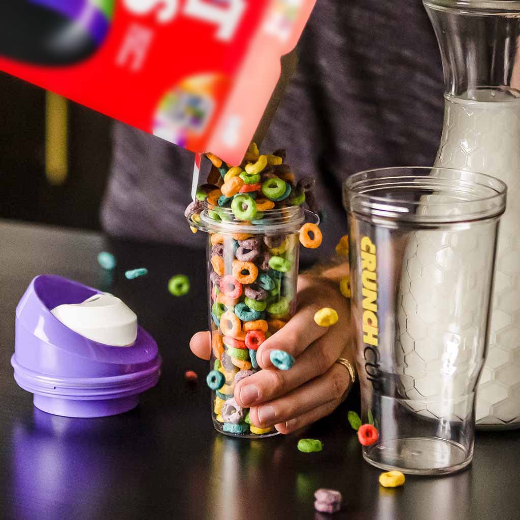 CRUNCHCUP XL Yellow - Portable Plastic Cereal Cups for Breakfast On the Go, To Go Cereal and Milk Container for your favorite Breakfast Cereals, No Spoon or Bowl Required