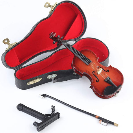 Wooden Miniature Violin with Stand, Bow and Case Mini Musical Instrument Violin Replica Collectible Figurines Dollhouse Accessories Model Home Decoration Display Ornament (3.15"x1.18"x0.59")