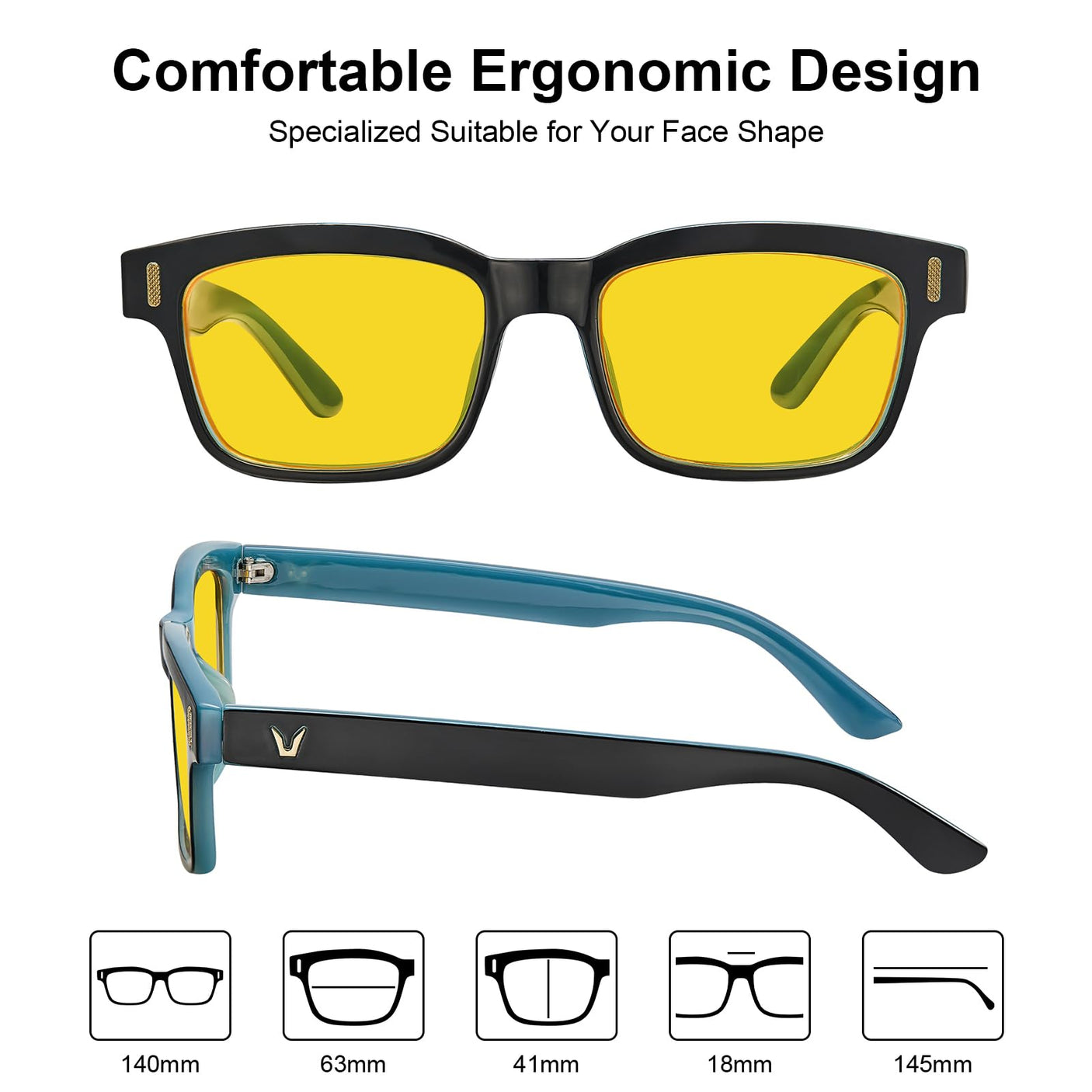 CARFIA Night Vision Glasses Driving for Men Women Anti-glare,Safety HD Yellow Lens Fishing Golf Narrow Face Glasses