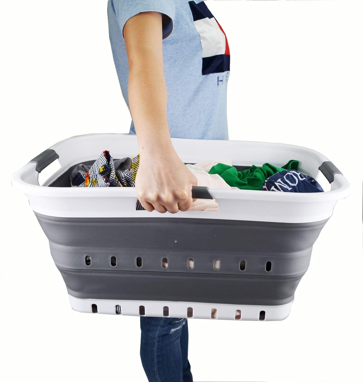 SAMMART 42L (11 gallon) Collapsible Plastic Laundry Basket - Foldable Pop Up Storage Container/Organizer - Space Saving Hamper/Basket (1, White/Grey)