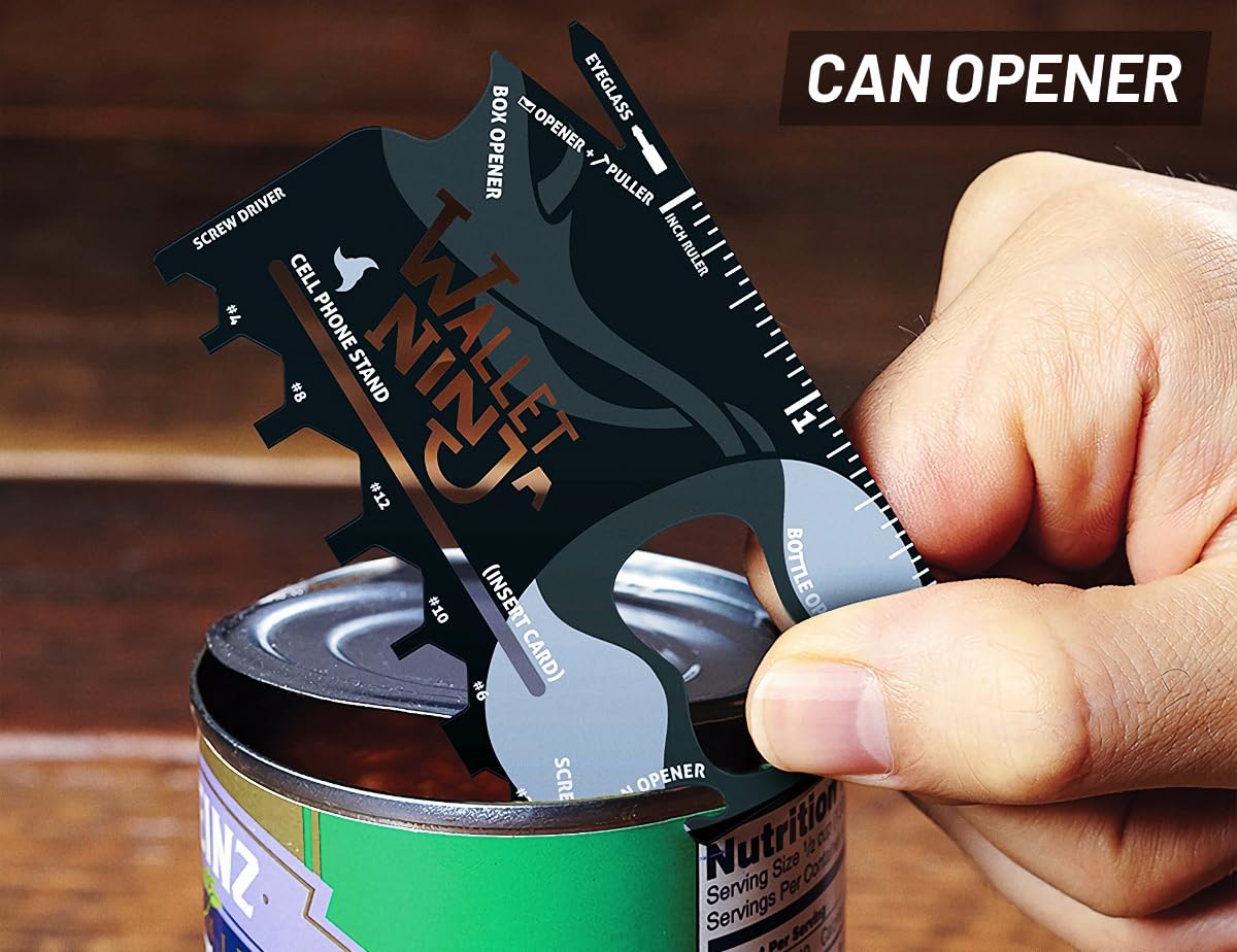 Wallet Ninja Multitool Card – 18 in 1 Credit Card Multi-Tool (Bottle Opener, Can Opener, Screwdrivers, Phone Stand & More) – Black