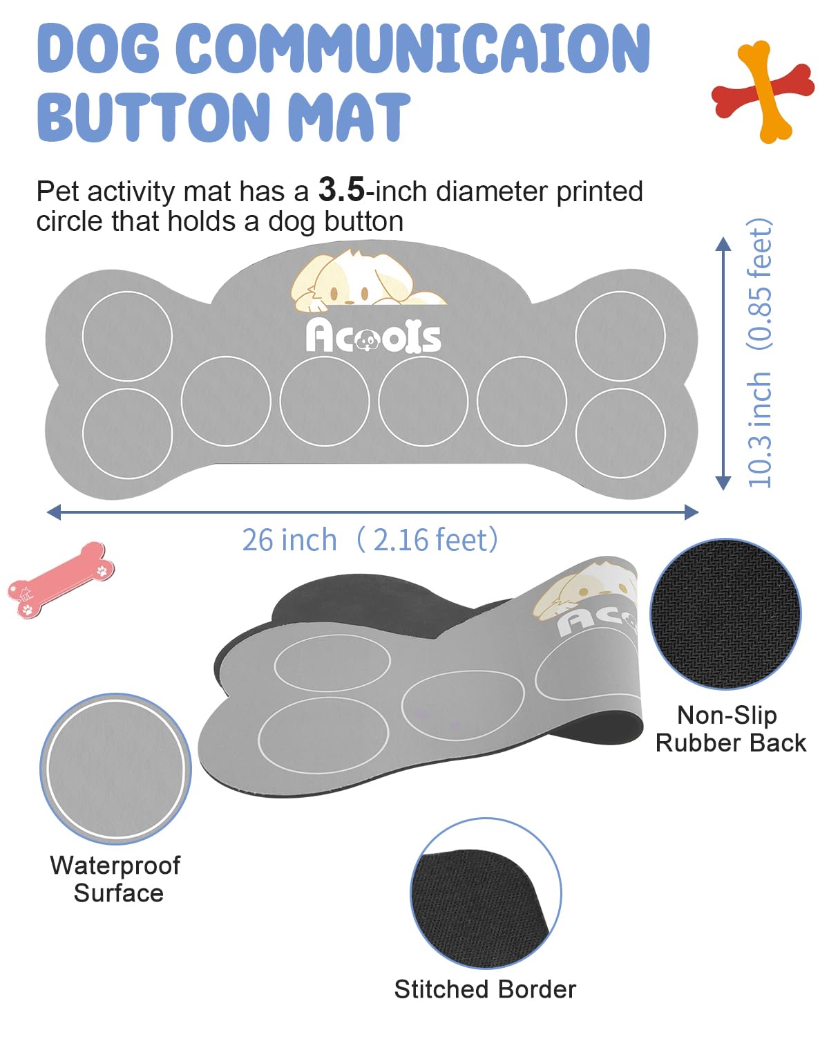 Dog Buttons for Communication, 8 Pcs Dog Talking Button Set, 30s Recordable Voice Pet Buzzer Training Buttons, Speaking Button for Dogs with Waterproof Anti-Slip Dog Button Mat and 48 Scene Stickers