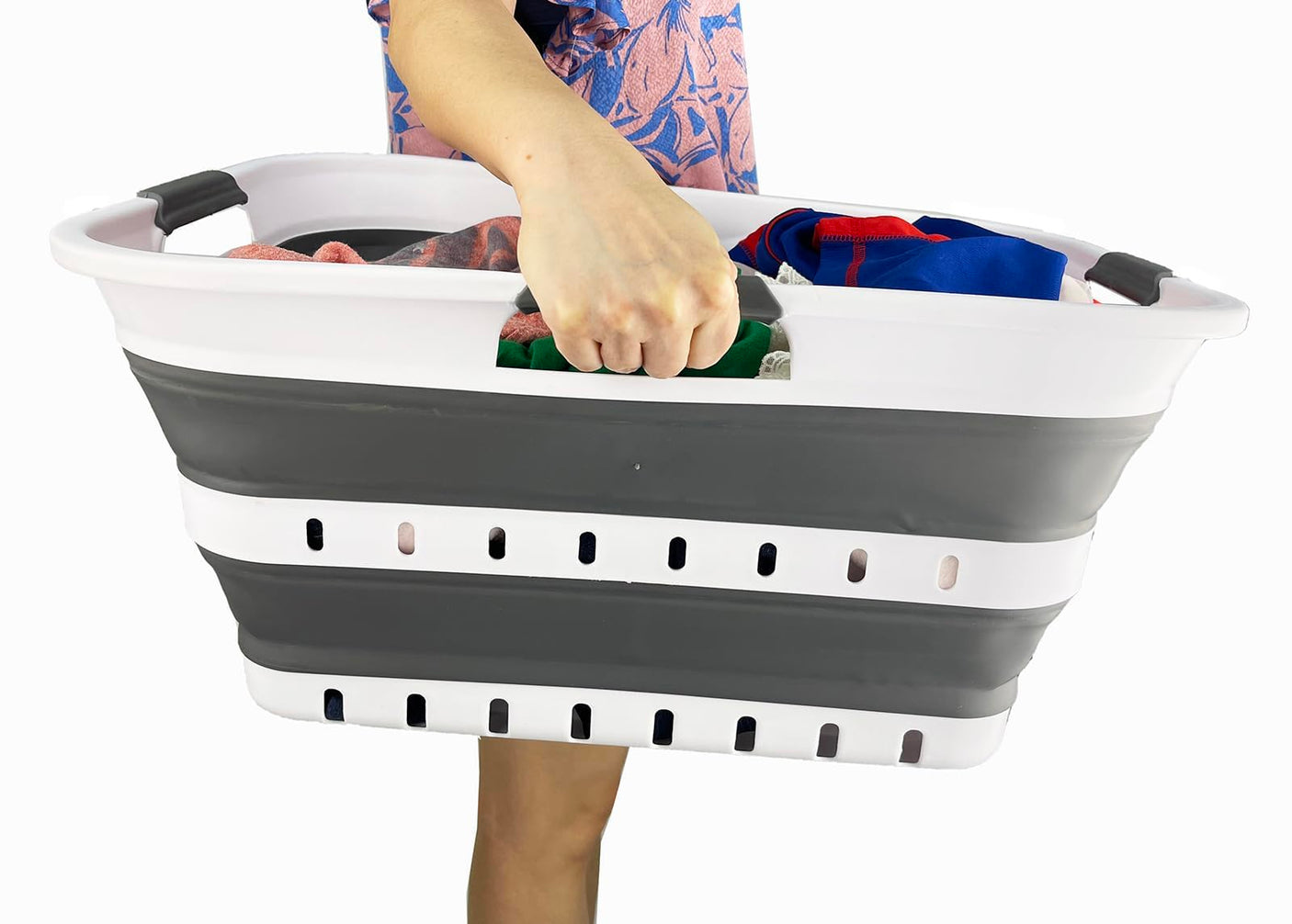 SAMMART 42L (11 gallon) Collapsible Plastic Laundry Basket - Foldable Pop Up Storage Container/Organizer - Space Saving Hamper/Basket (1, White/Grey)