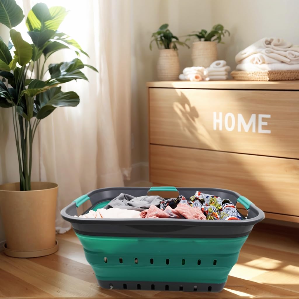 SAMMART 42L (11 gallon) Collapsible Plastic Laundry Basket - Foldable Pop Up Storage Container/Organizer - Space Saving Hamper/Basket (1, White/Grey)