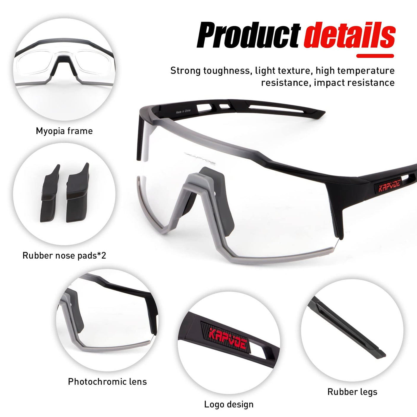KAPVOE Photochromic Cycling Glasses MTB Clear Mountain Bike Transition Bicycle Sunglasses for Men Women - K9022