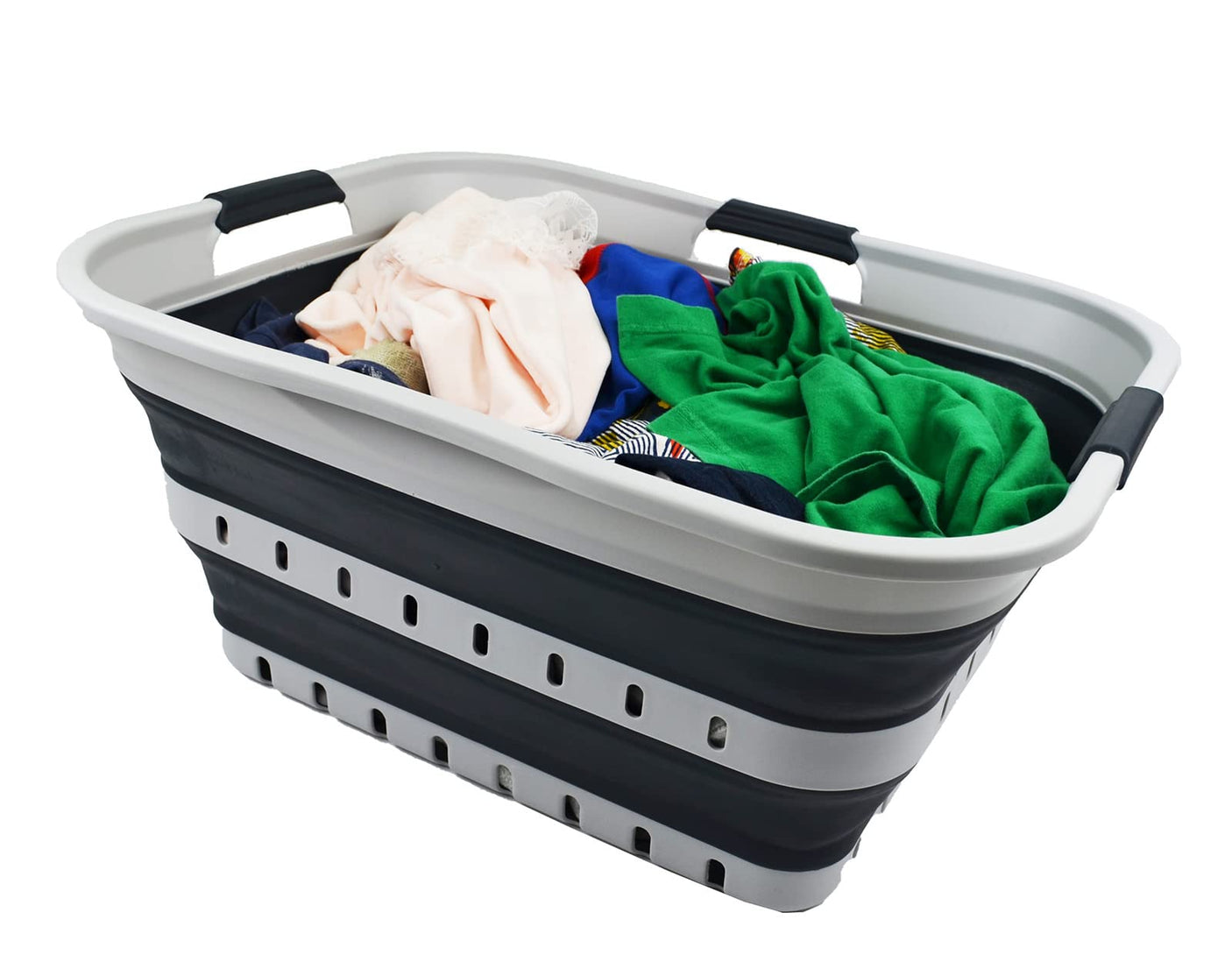 SAMMART 42L (11 gallon) Collapsible Plastic Laundry Basket - Foldable Pop Up Storage Container/Organizer - Space Saving Hamper/Basket (1, White/Grey)